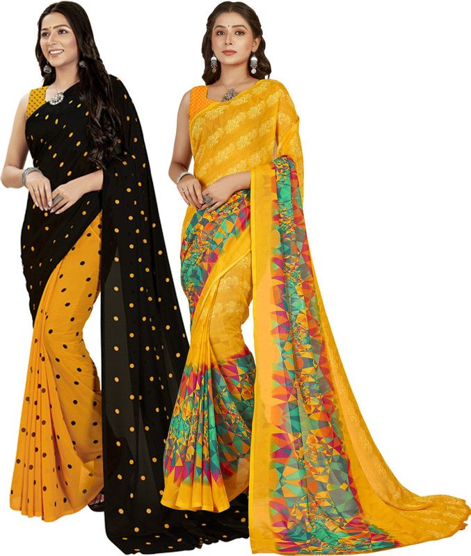 Printed, Paisley, Ombre, Striped, Geometric Print, Animal Print, Floral Print, Checkered Daily Wear Georgette Saree  (Pack of 2, Black, Yellow)