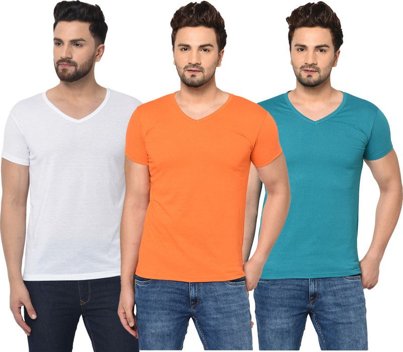 Pack of 3 Men Solid V Neck Cotton Blend Light Blue, White, Orange T-Shirt