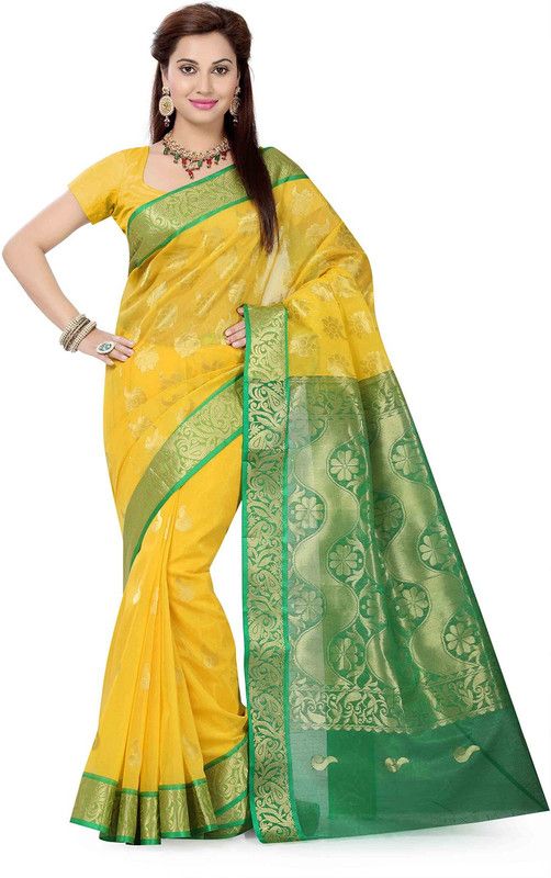 Woven Bollywood Cotton Blend Saree  (Yellow)