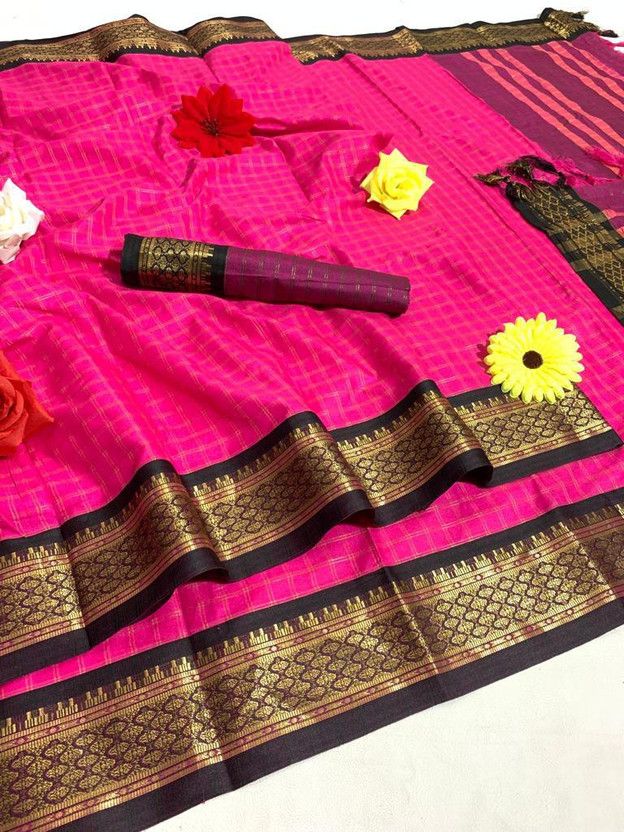 Checkered Daily Wear Cotton Silk Saree  (Pink)