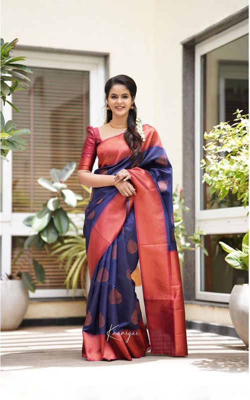 Printed, Self Design Kanjivaram Pure Silk Saree  (Dark Blue)