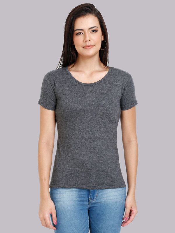 Women Solid Round Neck Pure Cotton Grey T-Shirt