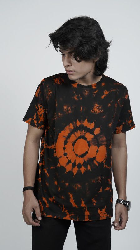 Men Tie & Dye Round Neck Cotton Blend Brown, Black T-Shirt