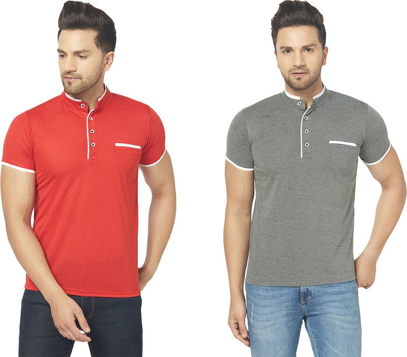 Pack of 2 Henley T-shirt Combo Half Sleeve Men Solid Henley Neck Cotton Blend Red, Grey T-Shirt