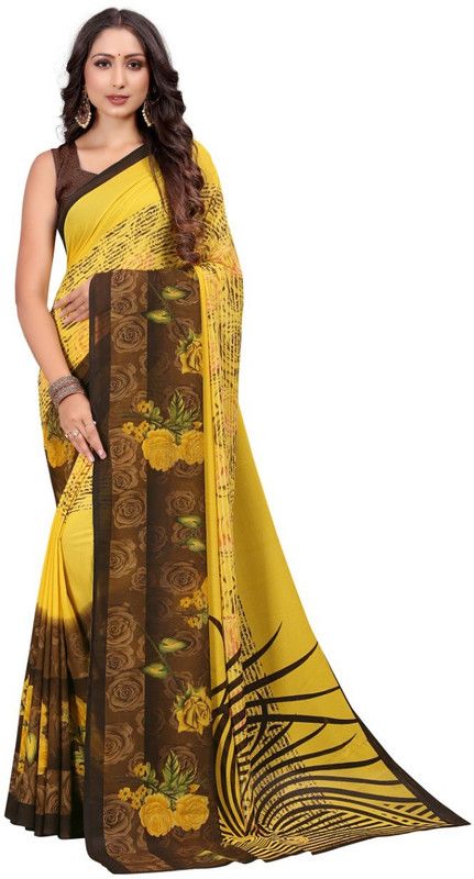 Floral Print Bollywood Georgette Saree  (Yellow)