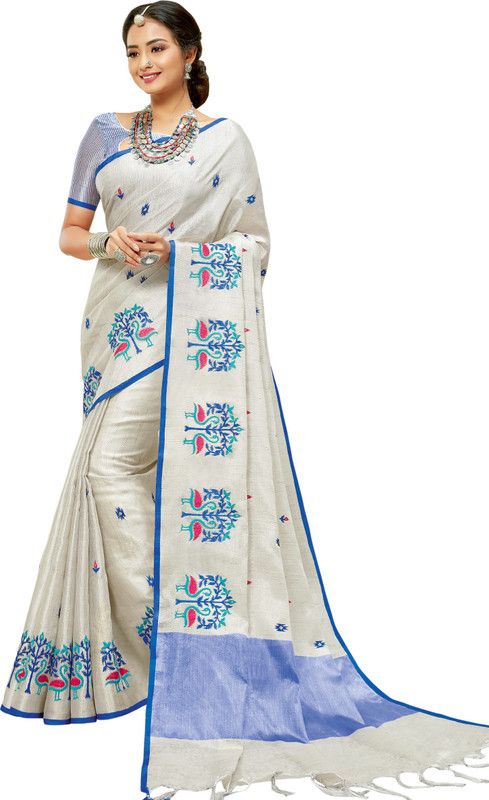 Embroidered Bollywood Linen Saree  (White)