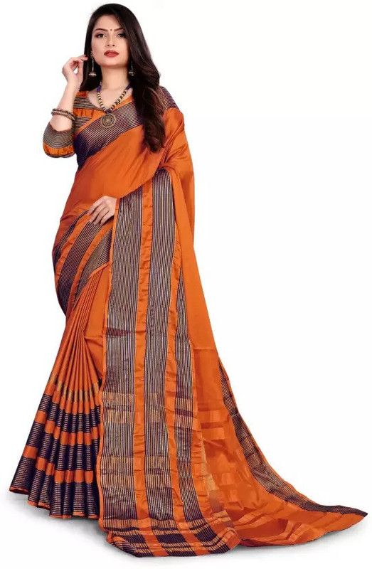 Striped Chanderi Cotton Blend Saree  (Orange)