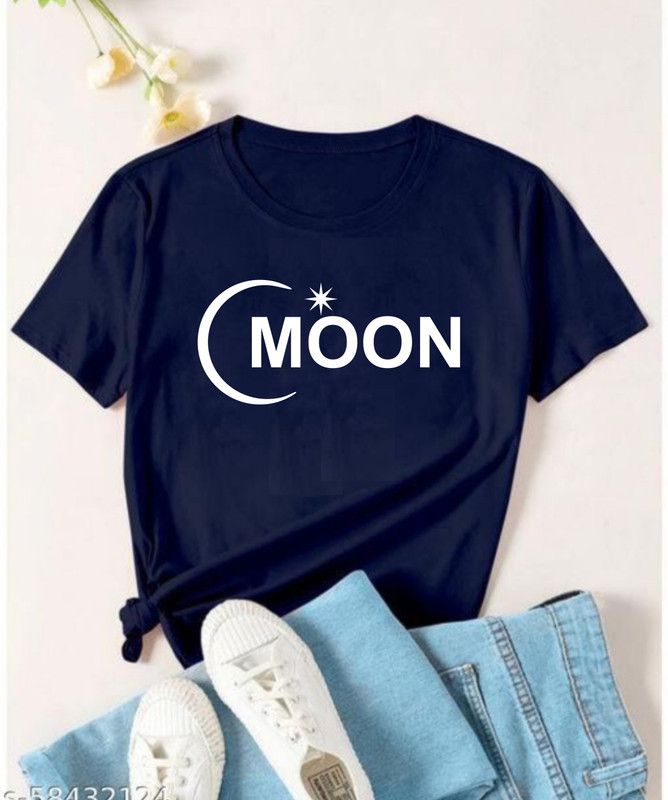 MOON PRINTED WOMEN T SHIRTS Women Graphic Print Round Neck Cotton Blend Blue T-Shirt
