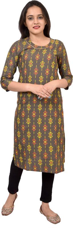 Women Printed Cotton Linen Straight Kurta  (Orange, Grey, Yellow)