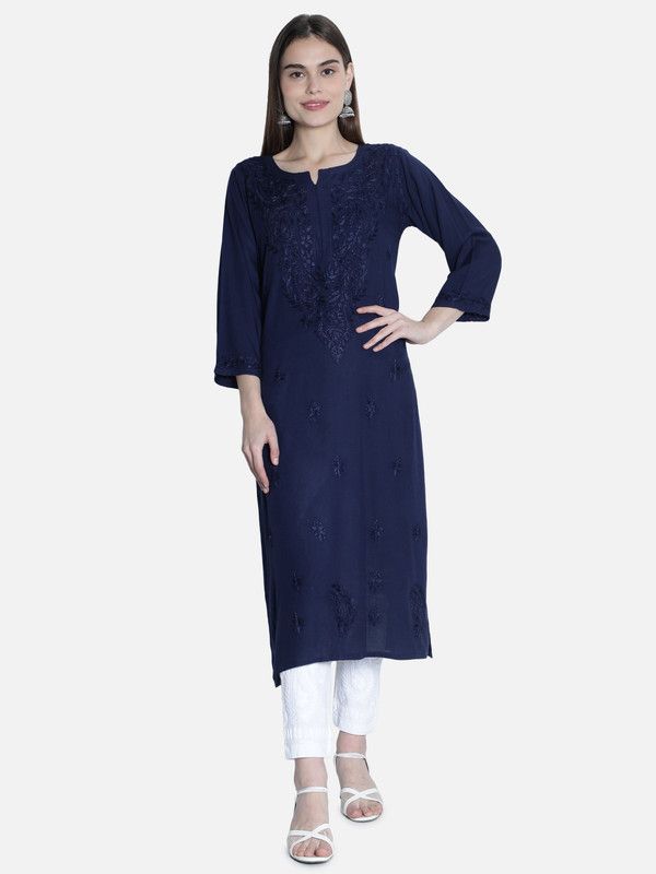 Women Chikan Embroidery, Paisley, Embroidered Cotton Rayon Straight Kurta  (Blue)