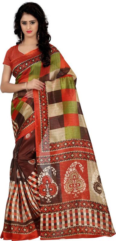 Printed Bhagalpuri Cotton Silk Saree  (Maroon, Orange)