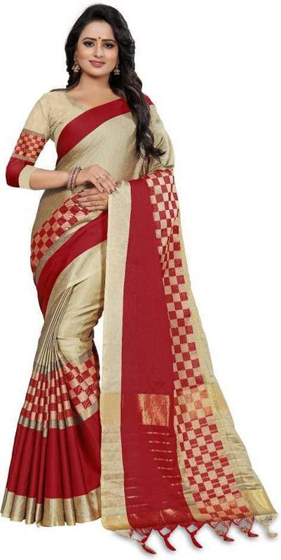 Striped Daily Wear Silk Blend, Cotton Blend Saree  (Cream)