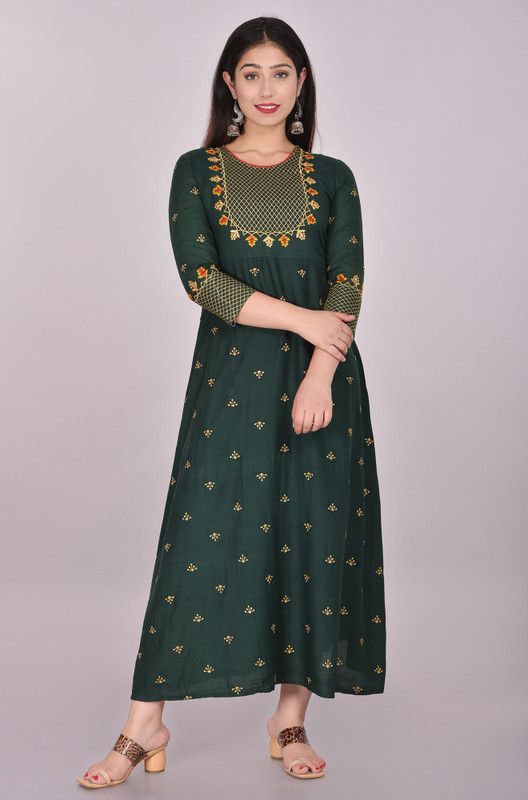 Women Embroidered Viscose Rayon Gown Kurta  (Dark Green)