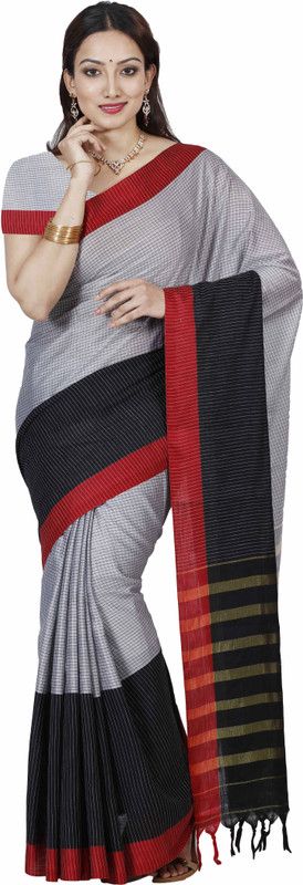 Checkered Kanjivaram Cotton Blend Saree  (Grey)