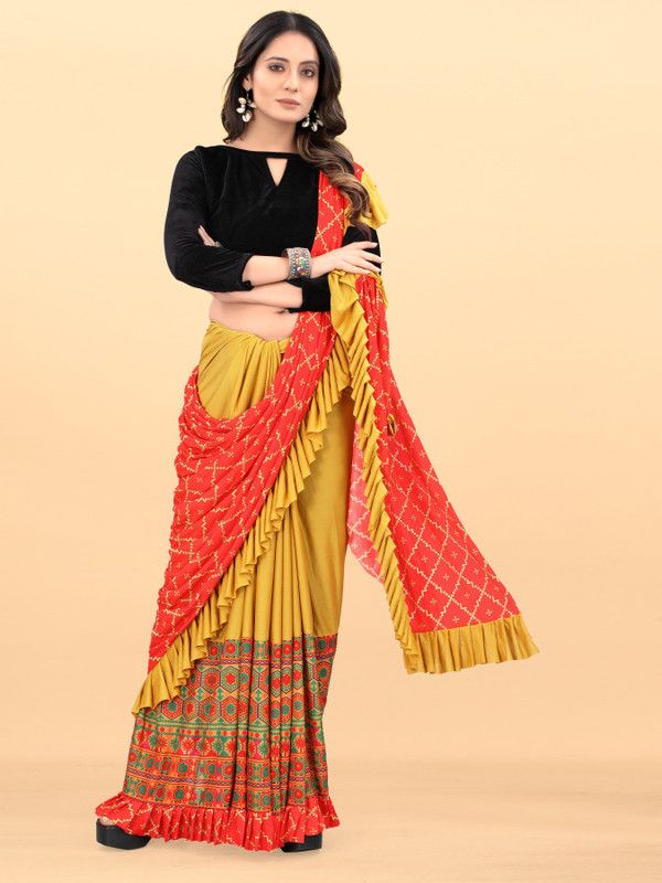 Digital Print Bollywood Lycra Blend Saree  (Yellow)