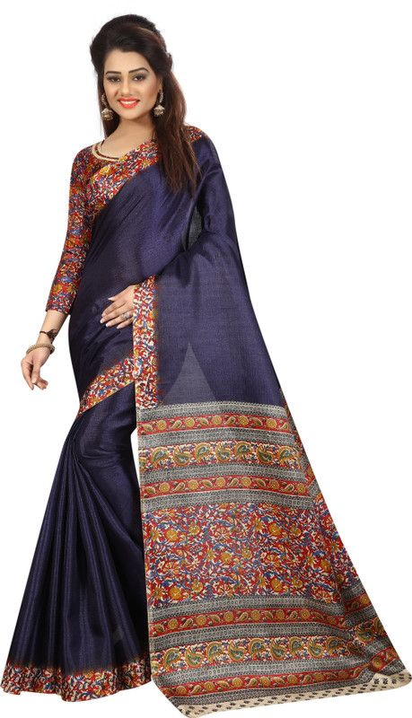 Floral Print Kalamkari Silk Blend, Art Silk Saree  (Dark Blue)
