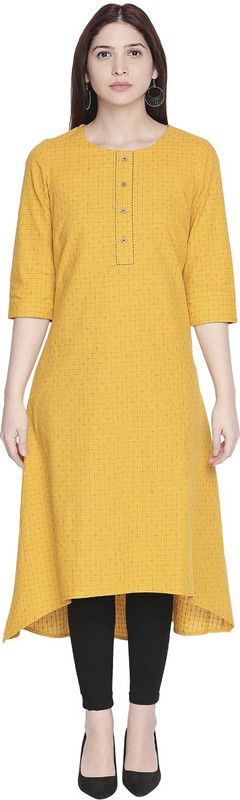 Women Printed Cotton Blend High Low Kurta  (Yellow)