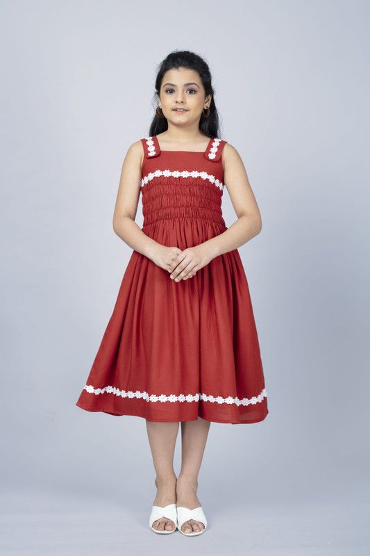 Girls Below Knee Casual Dress  (Maroon, Sleeveless)