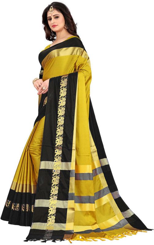 Animal Print Ikkat Cotton Silk Saree  (Black, Yellow)