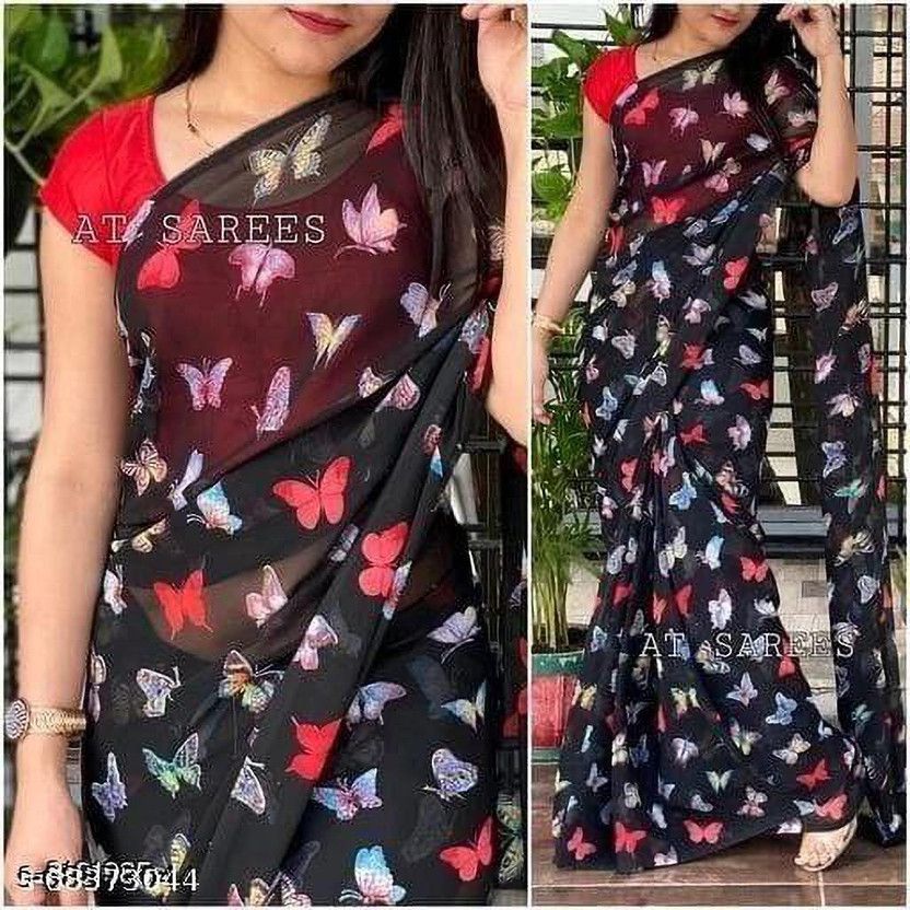 Printed Patola Georgette Saree  (Black)