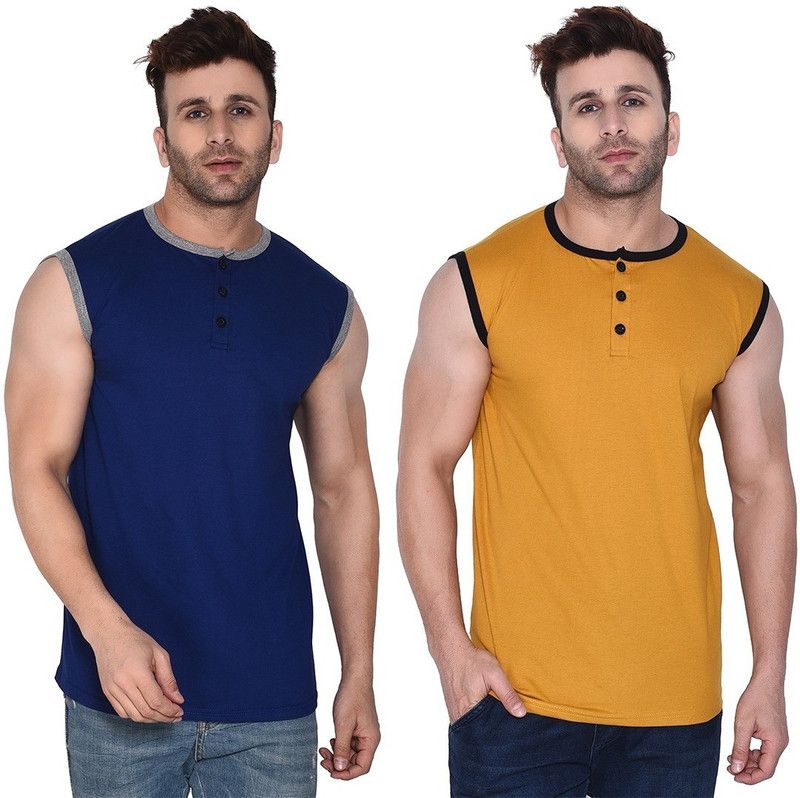 Pack of 2 Men Solid Henley Neck Cotton Blend Gold, Blue T-Shirt