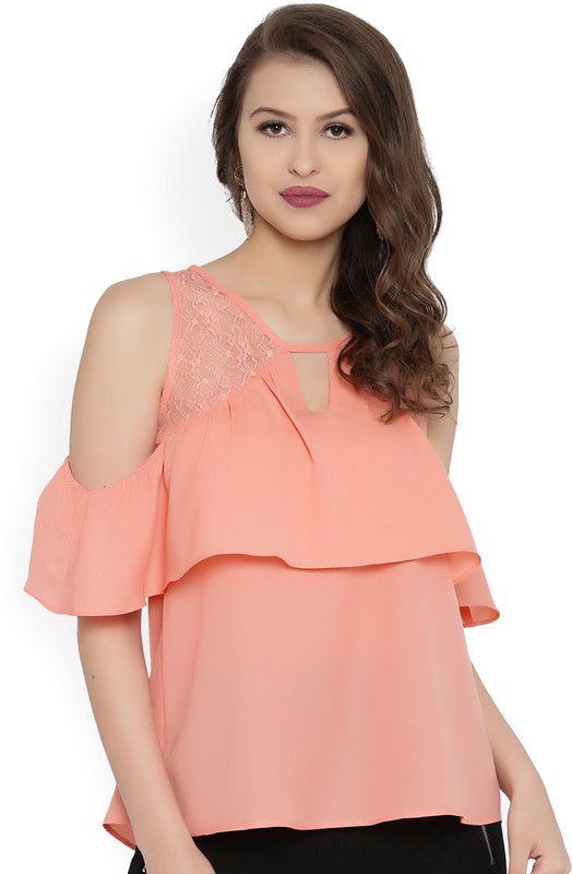 Casual Cold Shoulder Sleeves Lace Women Orange Top