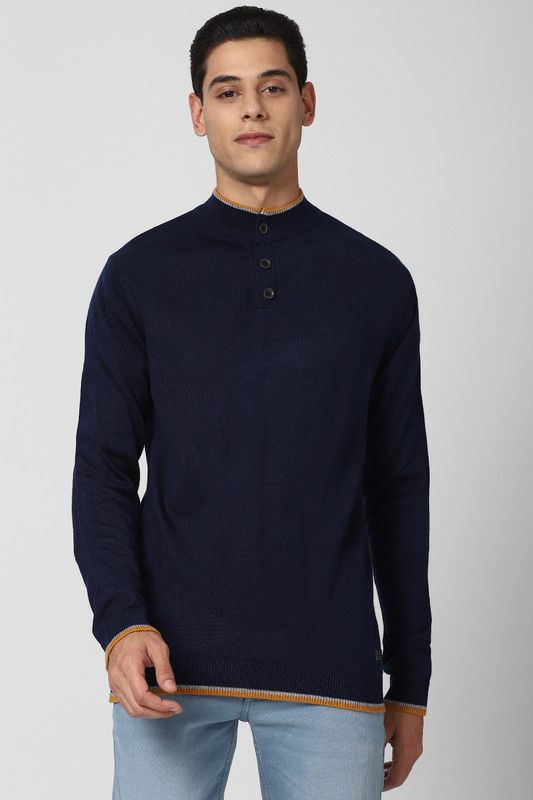 Men Self Design Dark Blue Sweater