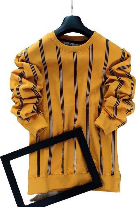 Regular Fit Full Sleeve Cotton Blend Men's T-Shirt Men Striped Round Neck Cotton Blend Yellow T-Shirt