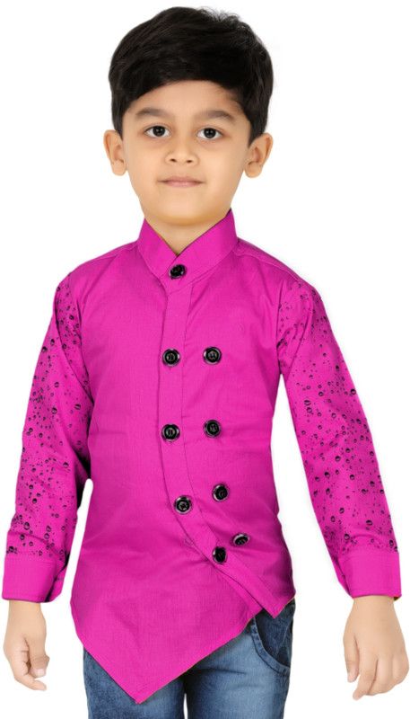 Boys Printed Cotton Blend Asymmetric Kurta  (Pink)