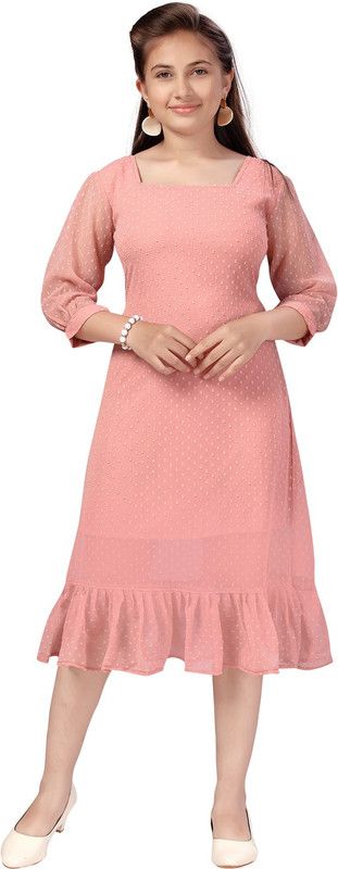 Girls Below Knee Party Dress  (Pink, 3/4 Sleeve)