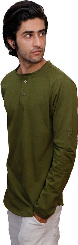 Men Solid Henley Neck Pure Cotton Dark Green T-Shirt