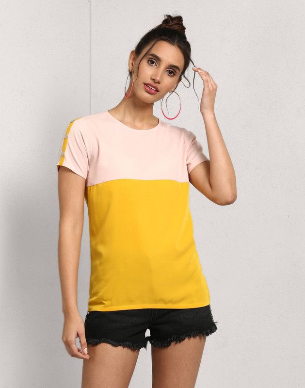 Casual Regular Sleeves Color Block Women Pink, Yellow Top