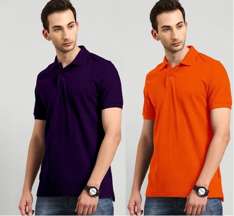 Solid Men Purple, Orange T-Shirt  (Pack of 2)