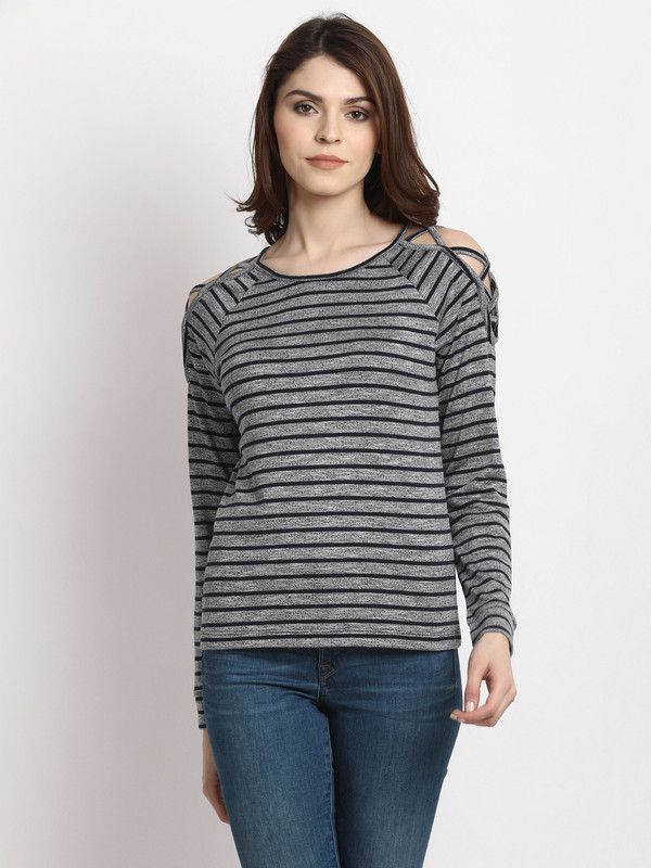 Casual Cold Shoulder Sleeves Striped Women Black, Grey Top