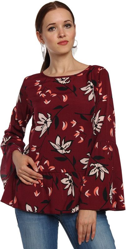 Casual Bell Sleeves Floral Print Women Maroon Top
