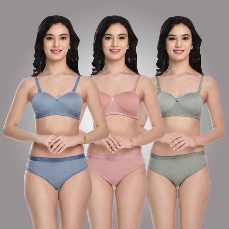 Bra & Panty Set Solid Pink, Light Blue, Light Green Lingerie Set