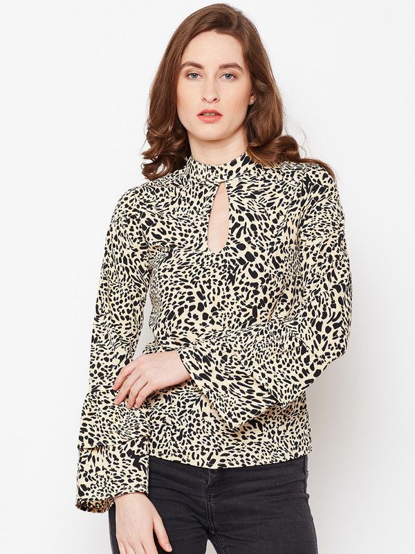 Casual Layered Animal Print Women Beige Top