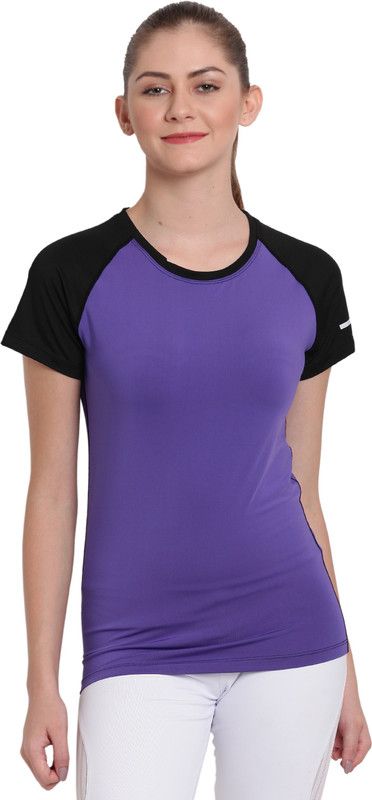 Women Colorblock Round Neck Poly Cotton Purple, Black T-Shirt