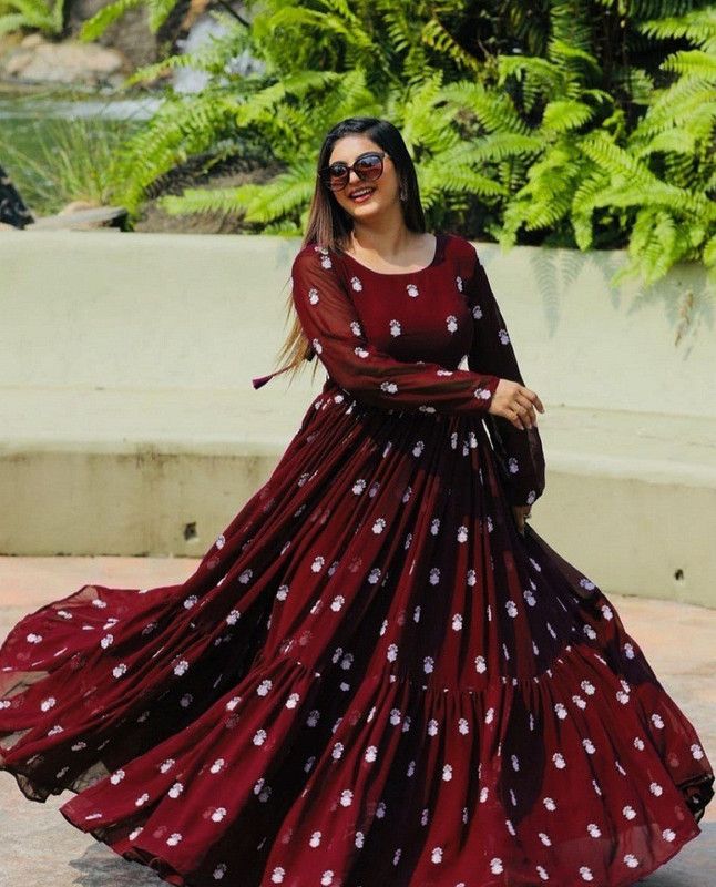 Women Floral Print Georgette Anarkali Kurta  (Maroon)