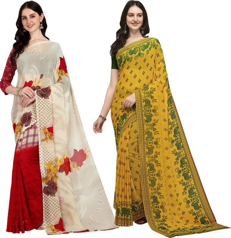 Printed Daily Wear Georgette Saree  (Pack of 2, Green, Pink, Yellow)