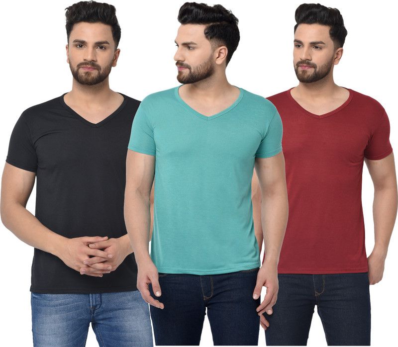 Pack of 3 V Neck T-Shirt Combo of 3 Men Solid V Neck Cotton Blend Light Blue, Maroon, Black T-Shirt