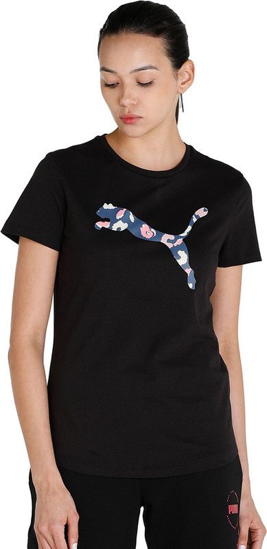 Leopard Cat Logo Tee Women Printed Round Neck Cotton Blend Black T-Shirt