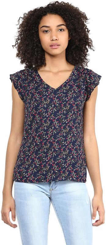 Casual Cap Sleeves Floral Print Women Dark Blue Top