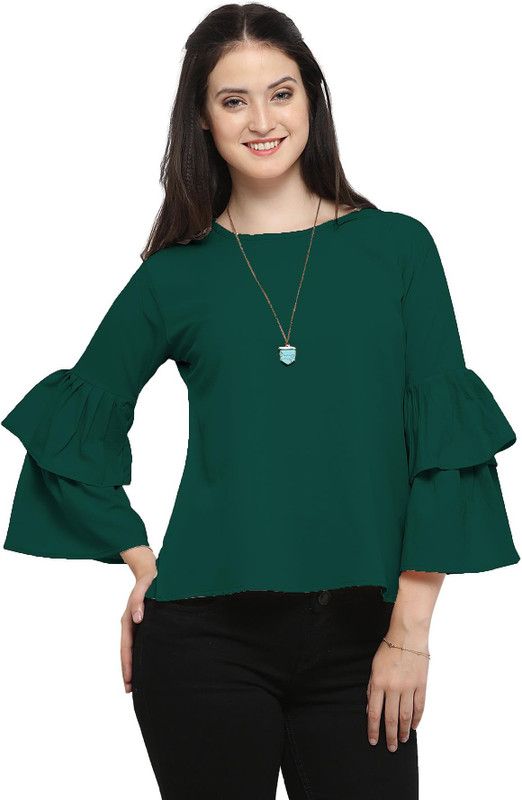 Formal Bell Sleeves Solid Women Green Top