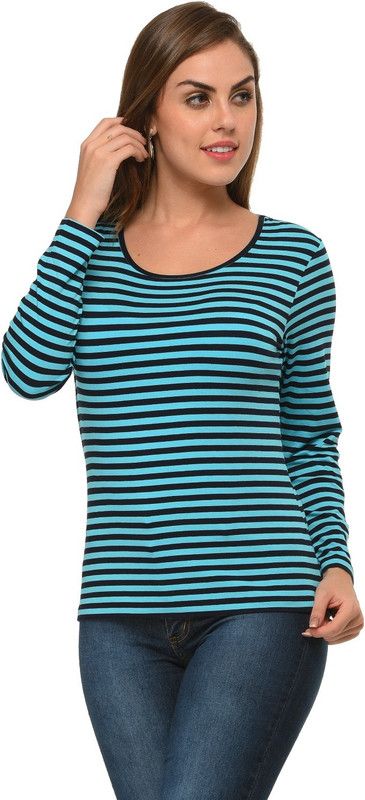 Casual Regular Sleeves Striped Women Dark Blue, Blue Top