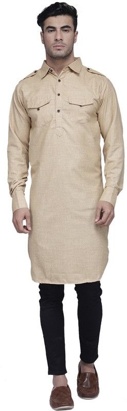 Men Solid, Checkered Kurta  (Brown)