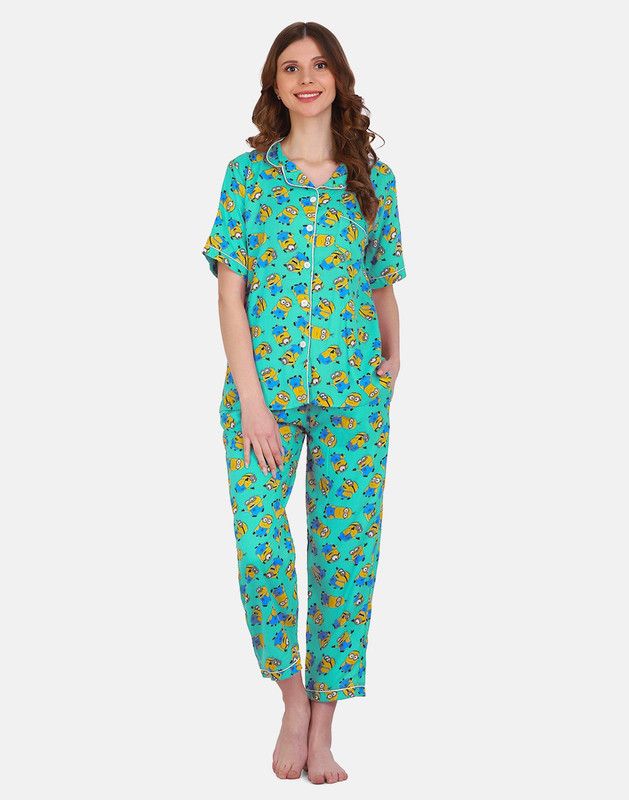 Women Shirt & Pyjama set Dark Green Printed