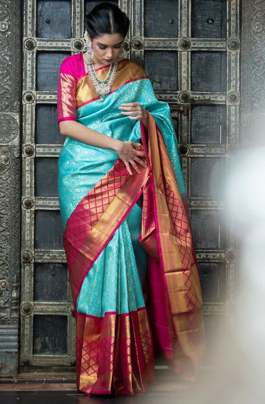Woven Kanjivaram Jacquard, Pure Silk Saree  (Light Blue, Red)