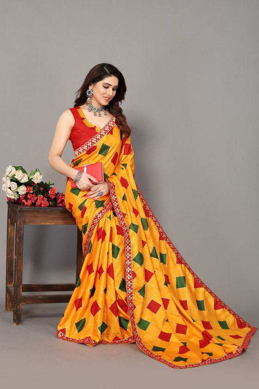 Printed, Striped Bollywood Silk Blend, Art Silk Saree  (Yellow)