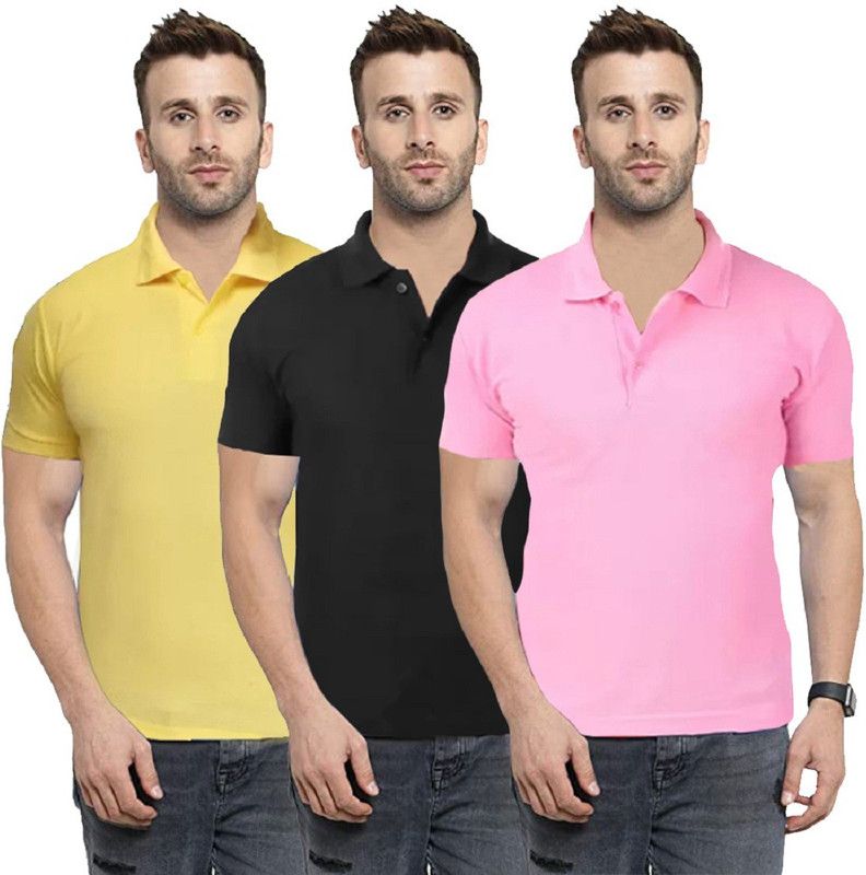 Pack of 3 Men Solid Polo Neck Reversible Cotton Blend Black, Pink, Yellow T-Shirt